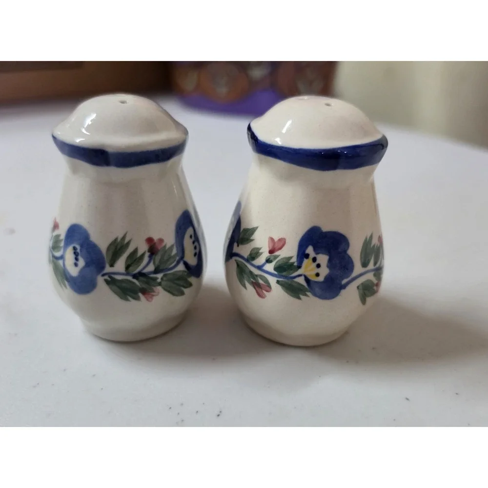 Vintage Hand Painted Ceramic Salt Pepper Shakers Blue Floral Folk Art